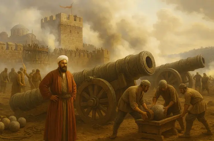 1453 kuşatmasında Saruca Paşa komutasındaki Osmanlı topçularının Şahi toplarını hazırlayıp surlara ateş ettiği, yoğun duman ve hareketin görüldüğü tarihsel canlandırma sahnesi.